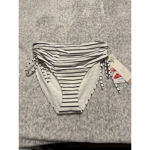 Calia  High Rise Bottoms Black White Stripe Ruched Side Tie Swim Bikini S NWT